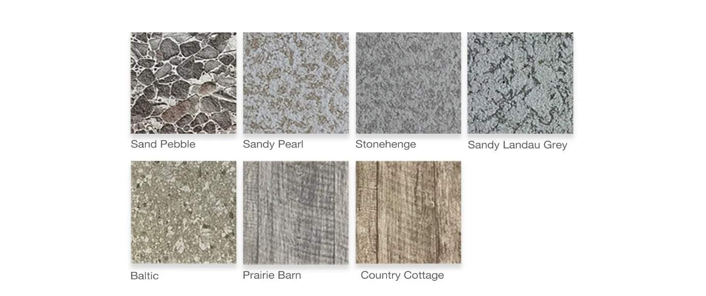 Seven Dec-K-ing membrane colour and pattern options, including stone and timber-look finishes