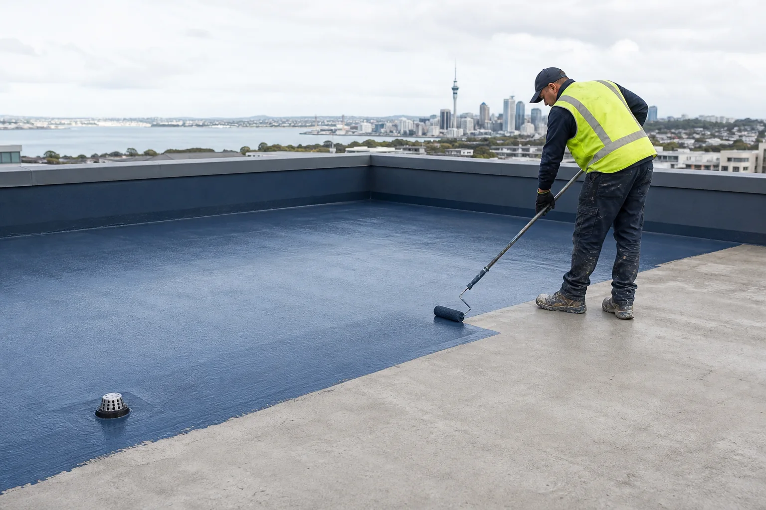 Waterproofing specialist applying a liquid membrane to an Auckland rooftop