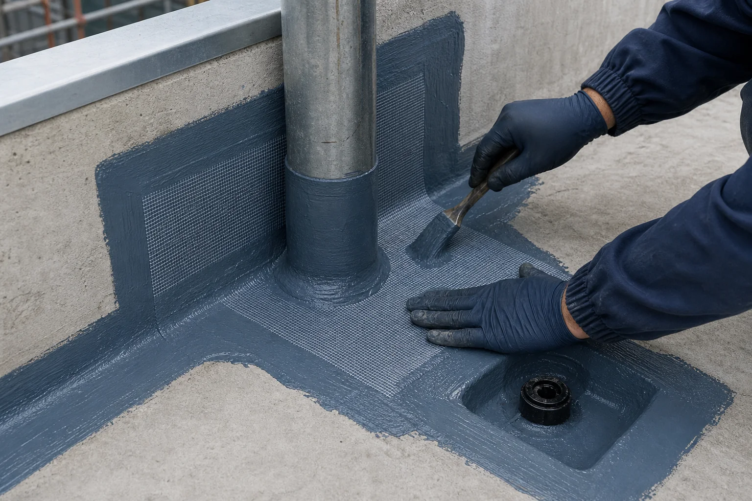 Waterproofing installer embedding reinforcing fabric around a parapet, pipe penetration and roof outlet