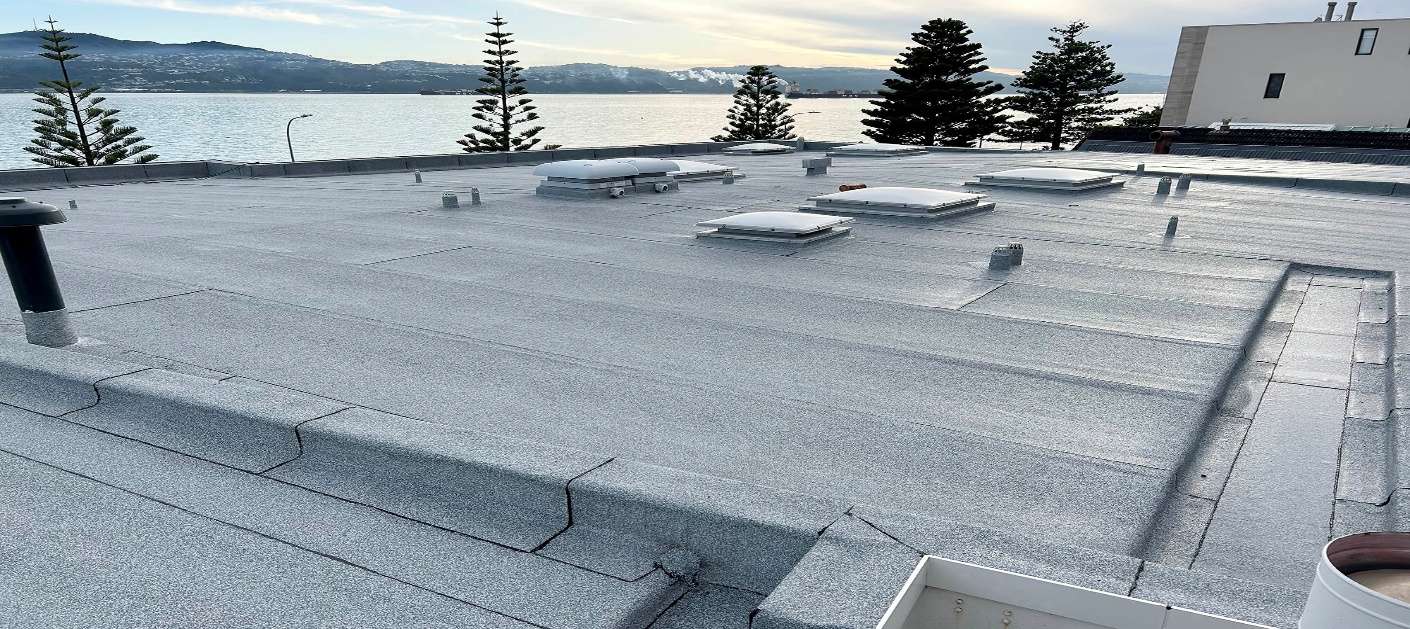 Completed reinforced membrane roof with multiple roof penetrations and raised junctions